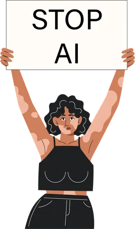 Una joven con vitíligo protesta contra la inteligencia artificial con un cartel.  Ilustración