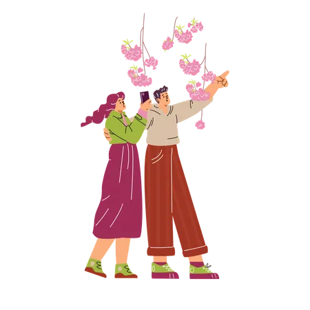 Una joven pareja disfruta del Hanami y toma fotografías de los cerezos en flor.  Ilustración