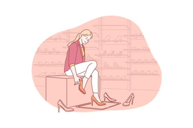 Una joven prueba zapatos de la nueva colección en el probador  Illustration
