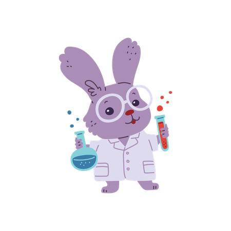 Un simpático científico liebre sostiene tubos de laboratorio con productos químicos.  Ilustración