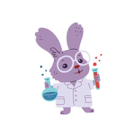 Un simpático científico liebre sostiene tubos de laboratorio con productos químicos.  Ilustración