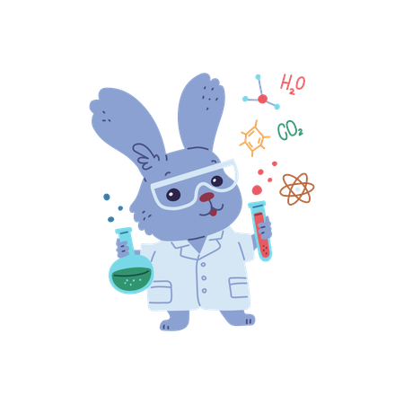 Un simpático científico liebre sostiene tubos de laboratorio con productos químicos.  Ilustración