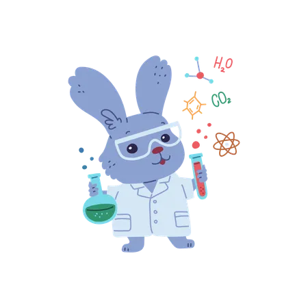 Un simpático científico liebre sostiene tubos de laboratorio con productos químicos.  Ilustración