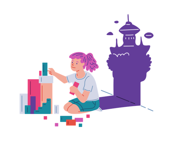 Una linda niña construye un castillo con bloques  Ilustración