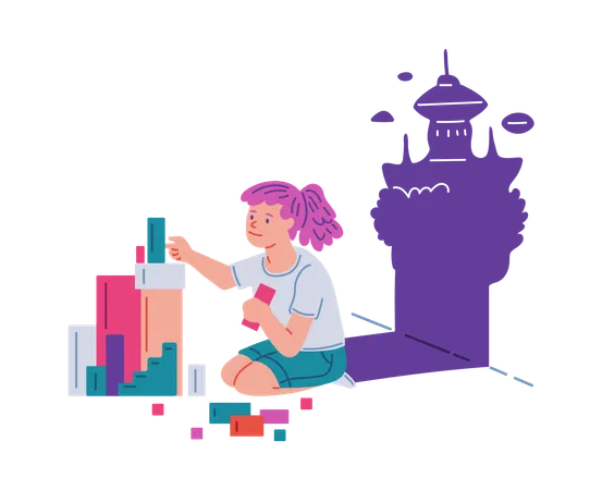 Una linda niña construye un castillo con bloques  Ilustración