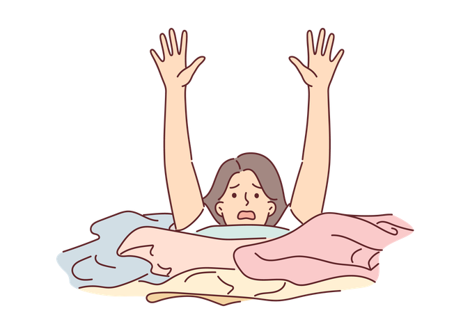 Una mujer ama de casa se está ahogando en ropa sucia y gritando levantando la mano por concepto de hogar  Ilustración