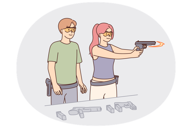 Una mujer aprende a disparar armas en un campo de tiro con un instructor masculino que le enseña el uso de las armas. Ilustración