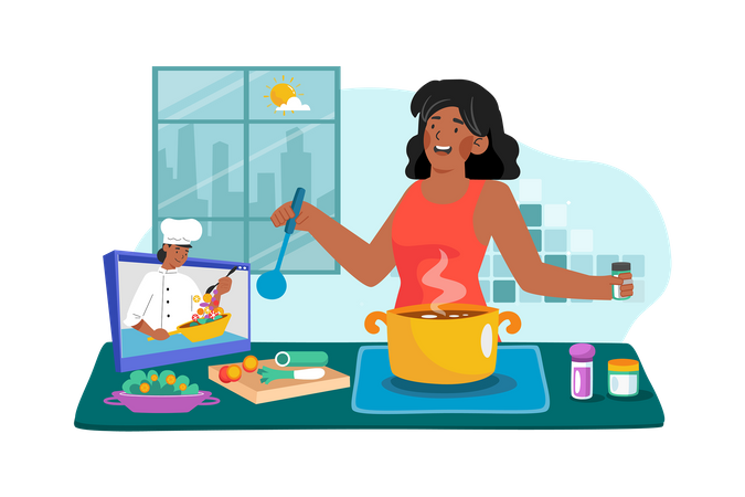 Una mujer asiste a una clase de cocina matutina para aprender nuevas recetas y técnicas.  Ilustración