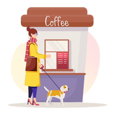 Una mujer camina con un perro y bebe café en un vaso de papel y lo tira a la basura  Ilustración