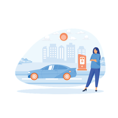 Una mujer carga un coche eléctrico cerca de una estación de carga  Ilustración