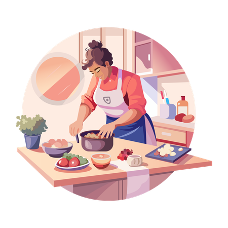 Una mujer cocinando comida en la cocina.  Ilustración