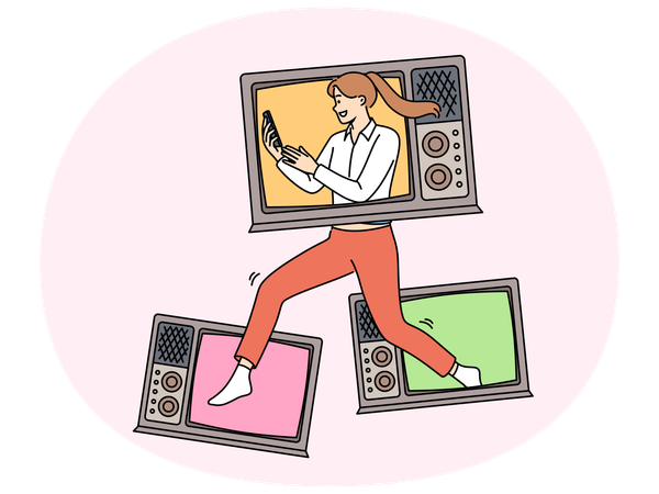 Una mujer con televisor sostiene un teléfono mostrando su amor por ver videos en línea en aplicaciones móviles.  Ilustración