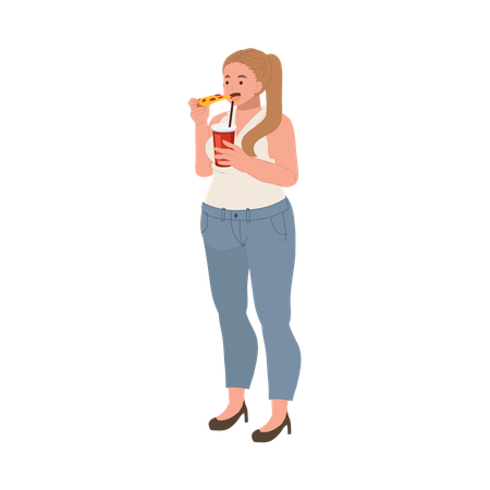 Una mujer de talla grande disfruta felizmente de su comida rápida.  Ilustración