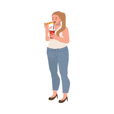 Una mujer de talla grande disfruta felizmente de su comida rápida.  Ilustración