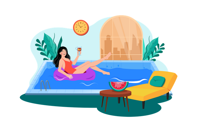 Una mujer disfruta de un baño matutino en la piscina del hotel durante sus vacaciones.  Ilustración