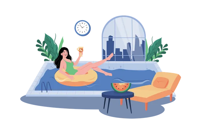 Una mujer disfruta de un baño matutino en la piscina del hotel durante sus vacaciones.  Ilustración