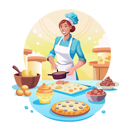 Una mujer horneando galletas  Ilustración