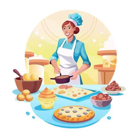 Una mujer horneando galletas  Ilustración