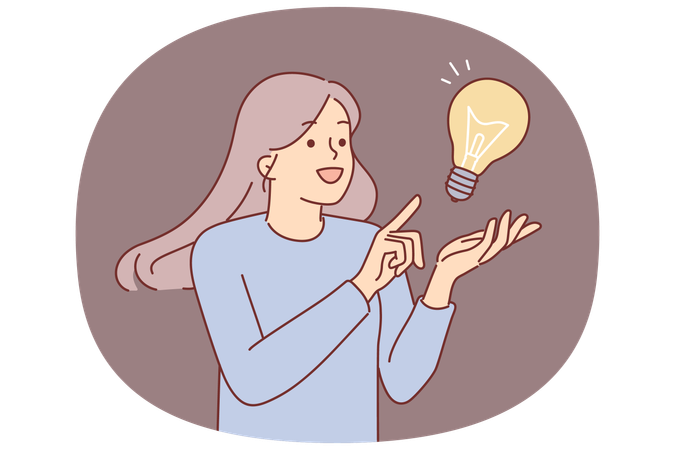 Una mujer inspirada idea ahorrar recursos energéticos junto a una lámpara gigante.  Ilustración