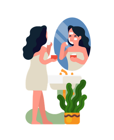 Una joven adulta se pone un producto para el cuidado de la piel en la cara parada envuelta en una toalla de baño frente al espejo del baño  Ilustración