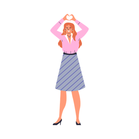 Una mujer joven levantó las manos y mostró el signo de corazón con sus dedos.  Ilustración