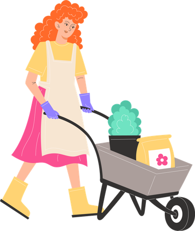 Una mujer joven lleva un carro con plantas en macetas y fertilizantes.  Ilustración