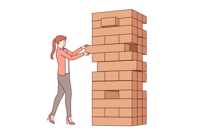 Una mujer juega al juego jenga tirando bloques de una torre gigante para desarrollar habilidades de equilibrio y balance.  Ilustración