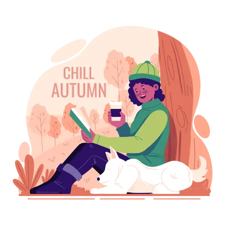 Una mujer leyendo un libro y tomando café en otoño  Ilustración