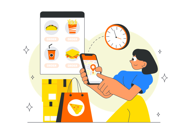 Una mujer pide comida a través de aplicaciones de entrega de comida en línea.  Ilustración