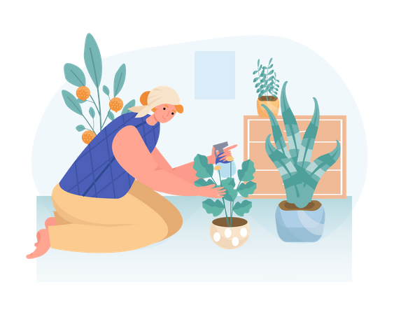 Una mujer plantando una maceta de flores en casa.  Ilustración