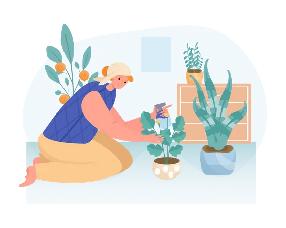 Una mujer plantando una maceta de flores en casa.  Ilustración