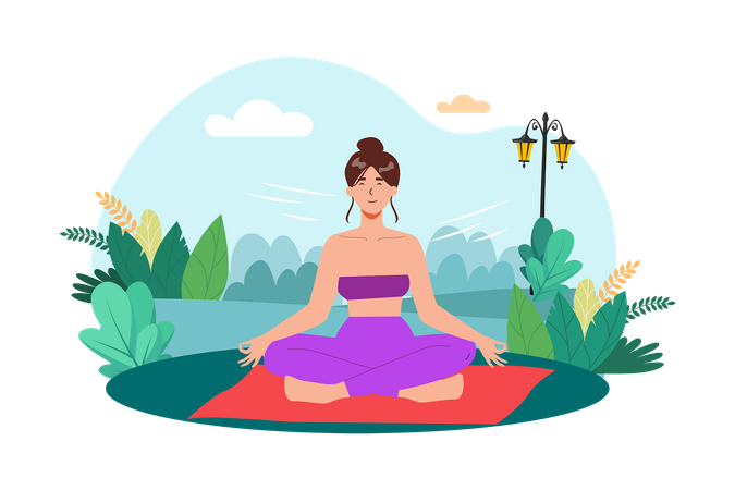 Una mujer practica meditación en un tranquilo jardín para empezar el día con tranquilidad  Ilustración
