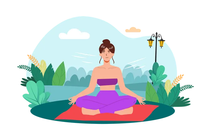 Una mujer practica meditación en un tranquilo jardín para empezar el día con tranquilidad  Ilustración