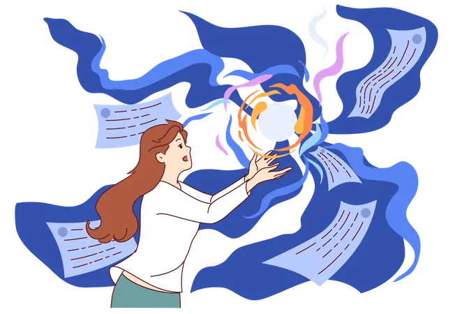 Mujer prueba inteligencia artificial para generar mensajes de texto usando redes neuronales  Ilustración