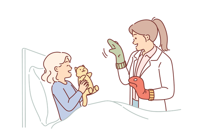 Una pediatra atenta se encuentra cerca de la cama de una niña en el hospital e intenta hacer reír a la niña  Ilustración