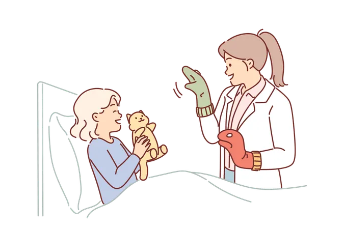 Una pediatra atenta se encuentra cerca de la cama de una niña en el hospital e intenta hacer reír a la niña  Ilustración