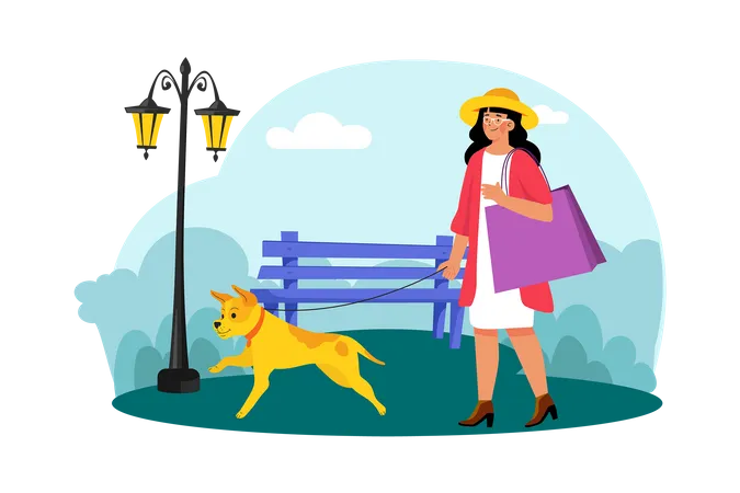Una mujer lleva a su perro a dar un paseo matinal por el parque del barrio  Ilustración