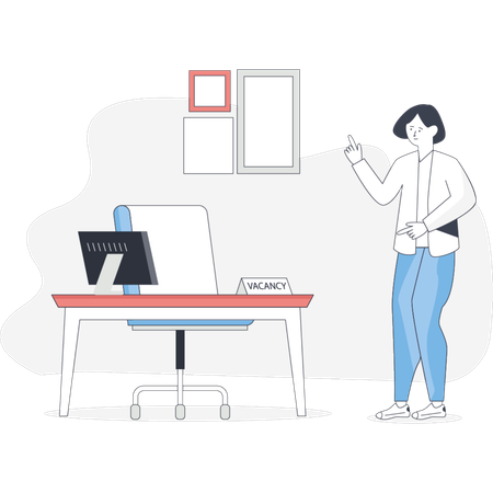 Una mujer se encuentra cerca de un escritorio con una computadora y realiza sus tareas en un entorno profesional.  Ilustración