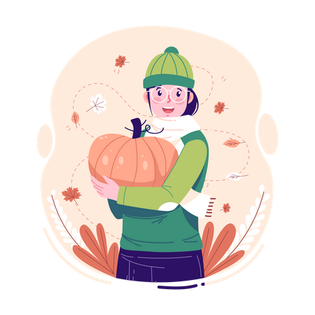 Una mujer sosteniendo una calabaza en otoño.  Ilustración