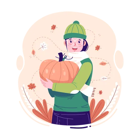 Una mujer sosteniendo una calabaza en otoño.  Ilustración