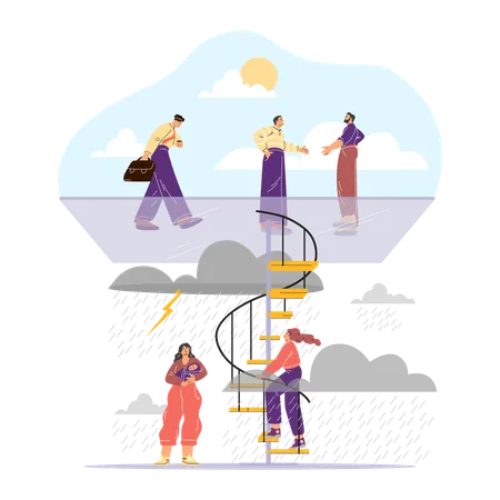 Una mujer sube una escalera de caracol a través de la lluvia y las nubes de tormenta hacia un piso de vidrio donde hay hombres de pie bajo un clima soleado.  Ilustración