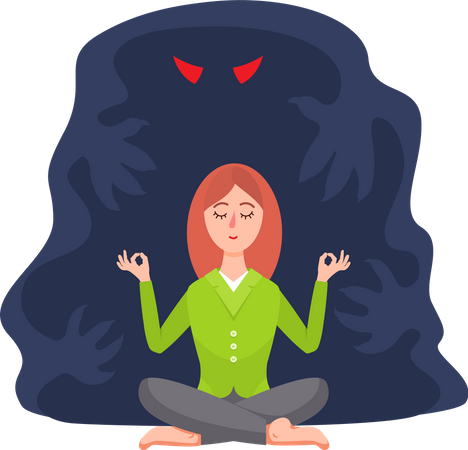 Una mujer tranquila medita cerca de un fantasma espeluznante  Ilustración