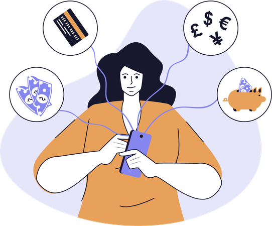 Una mujer transfiere dinero del banco a su cuenta de ahorros.  Ilustración