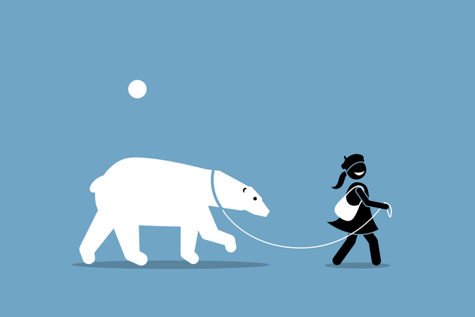 Una niña atando y caminando con un oso polar.  Ilustración