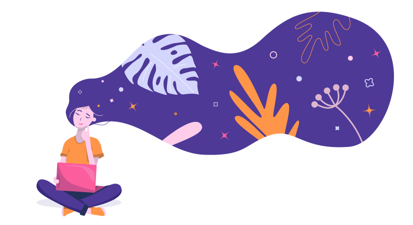 Una niña está trabajando y soñando con una computadora portátil.  Ilustración