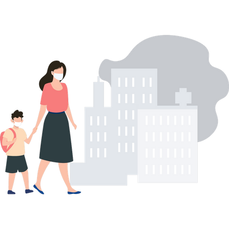Una niña y un niño con máscara caminan  Ilustración