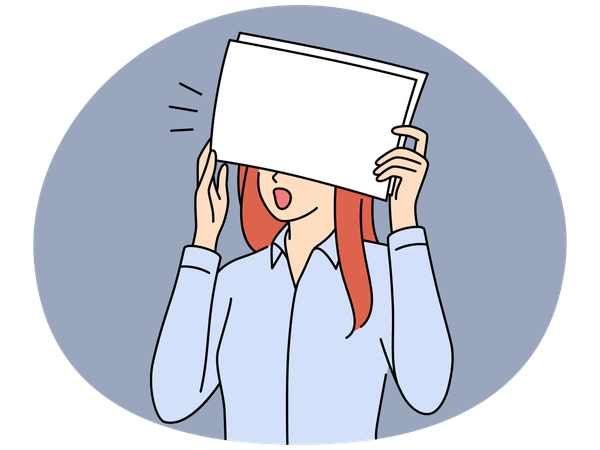 Una oficinista sorprendida se cubre los ojos con papel tras ver un grave error  Ilustración