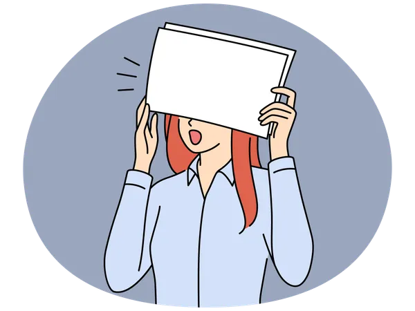 Una oficinista sorprendida se cubre los ojos con papel tras ver un grave error  Ilustración