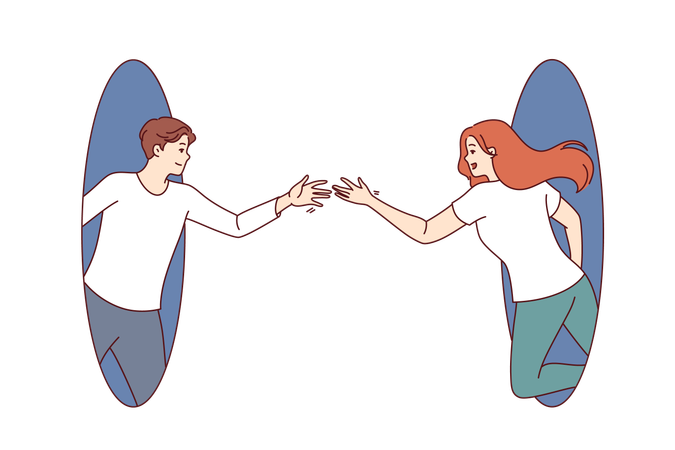 Una pareja amorosa, hombre y mujer, están tratando de tomarse de la mano mirando desde diferentes agujeros  Ilustración
