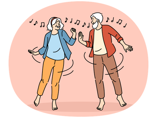 Una pareja de ancianos muy alegre se divierte bailando juntos  Illustration